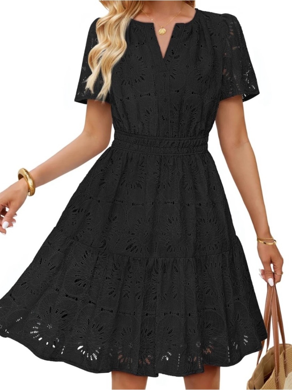 NWT! MEROKEETY EYELET FLORAL SHORT LACE BLACK DRESS LARGE - POCKETS!!